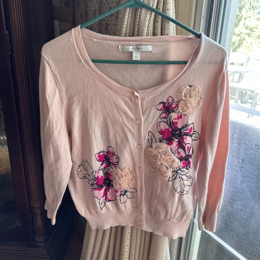 LC Lauren Conrad Light Pink Floral Appliqué Cardigan